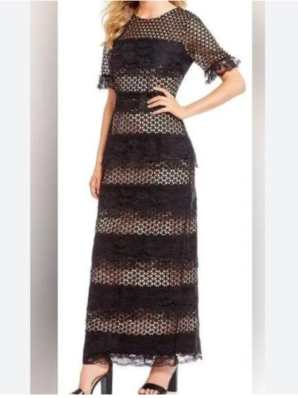 NEW Belle Badgley Mischka Illusion Neckline Lace Overlay Maxi Dress Gown Sz. 10